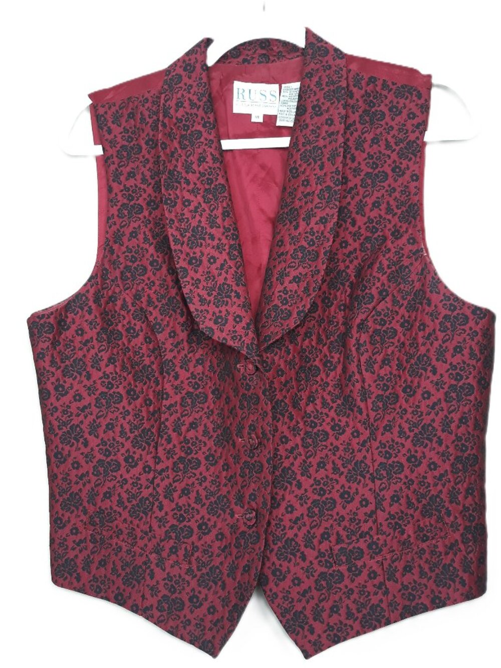 Red & Black Floral Jacquard Vest Shawl Collar Vintage